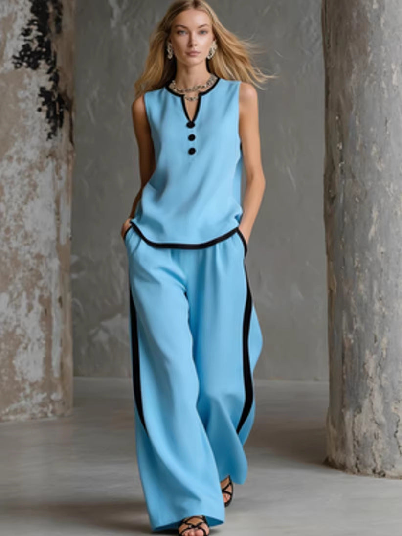 Sleeveless V-Neck Top and Wide-Leg Pants