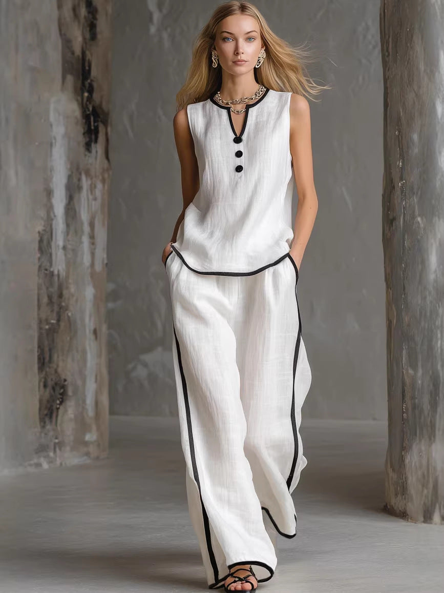 Sleeveless V-Neck Top and Wide-Leg Pants