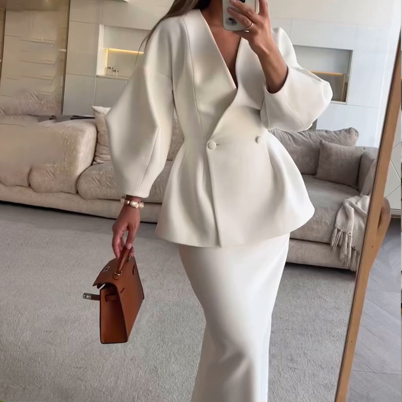 Button Detail Bubble Sleeve Dress Suit